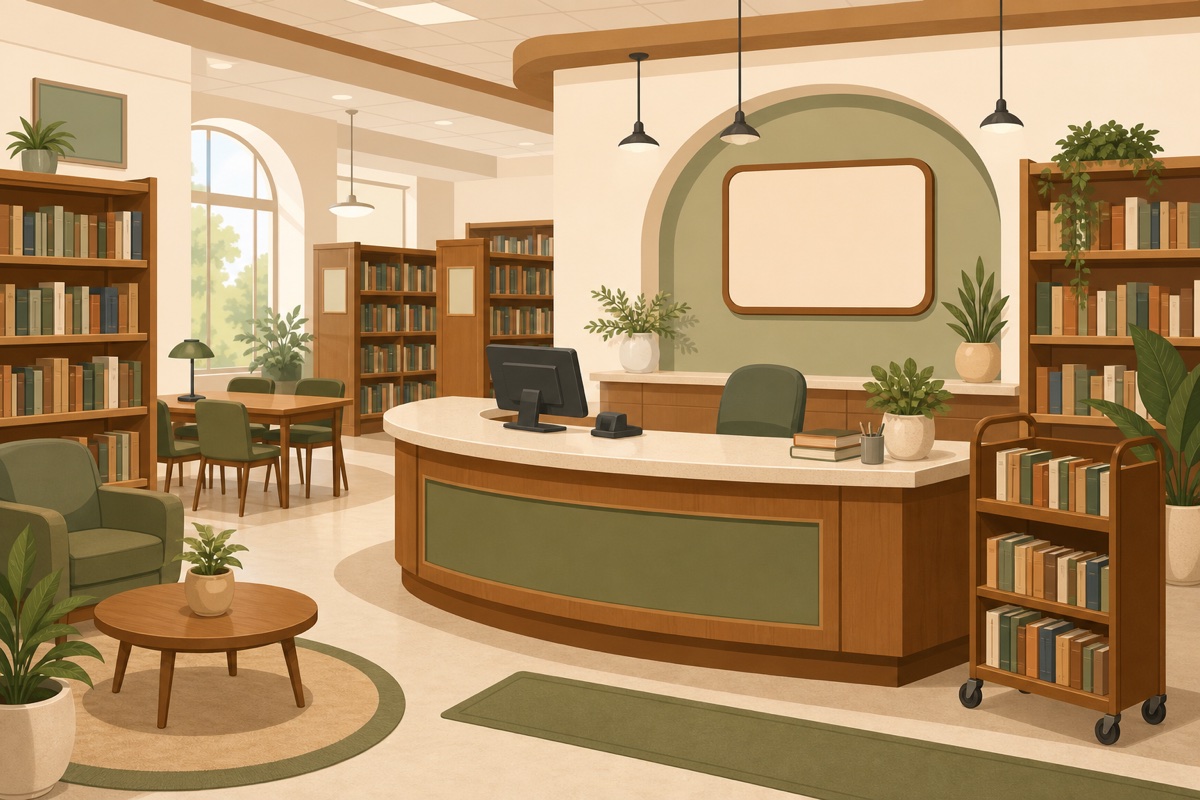 圖書館服務櫃台借書情境插畫