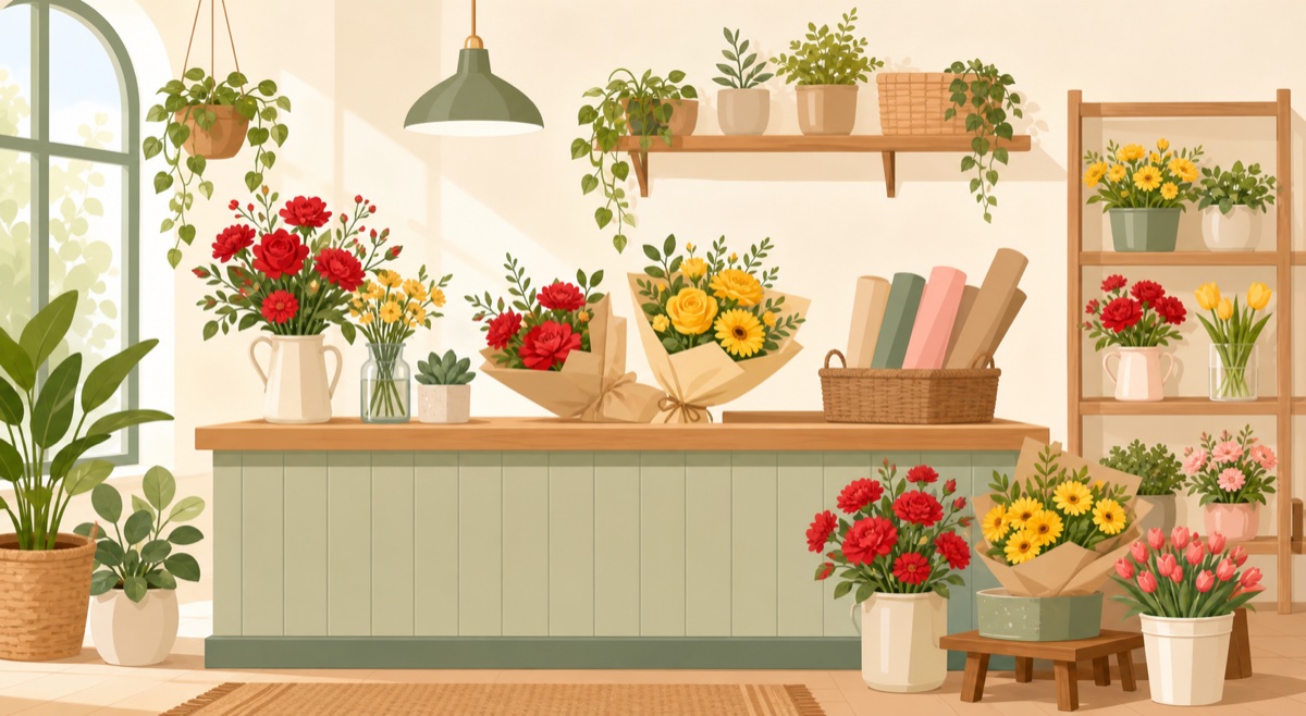 花店櫃台與小花束情境插畫