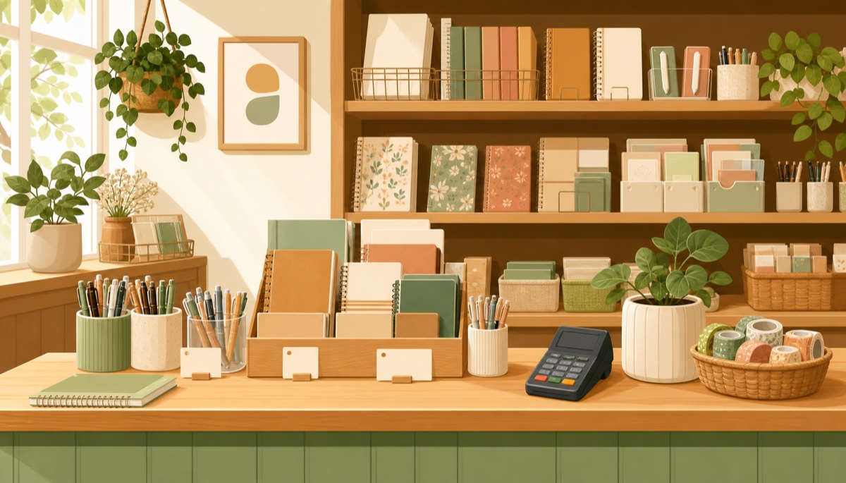 文具店櫃台與筆記本情境插畫