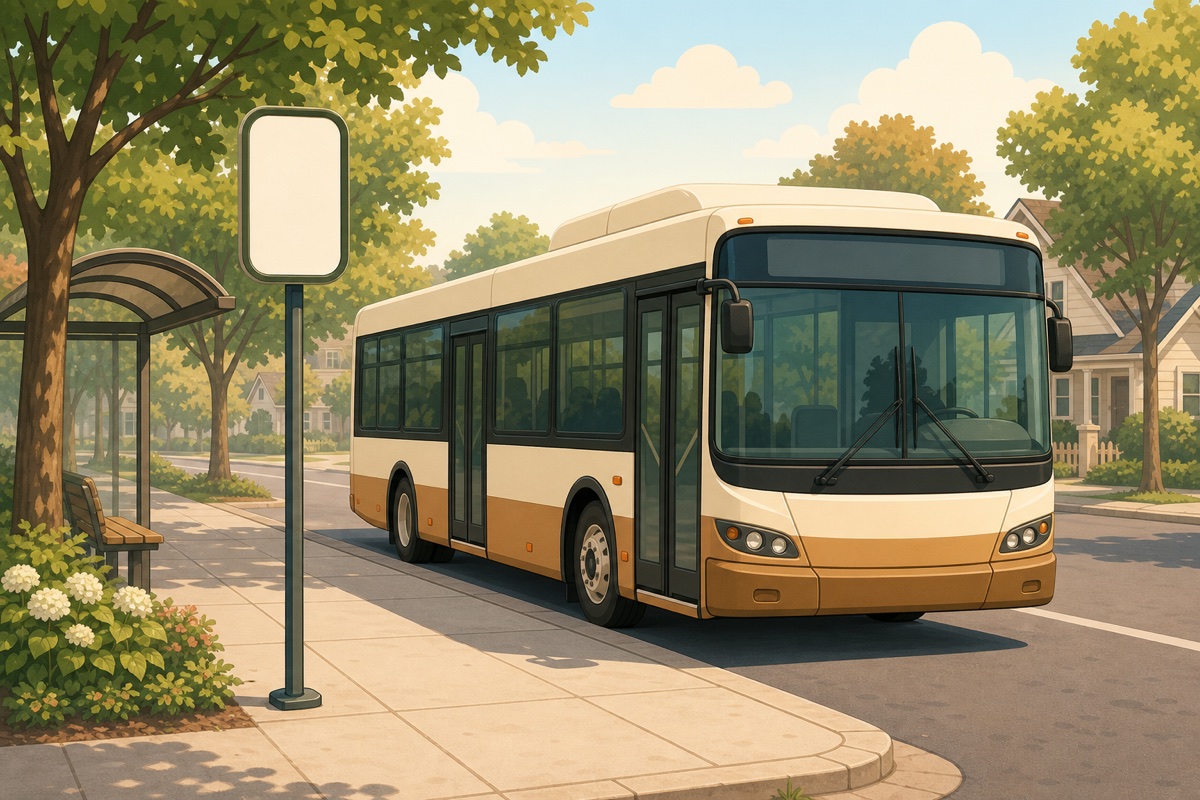 公車站牌與公車前門的情境插畫