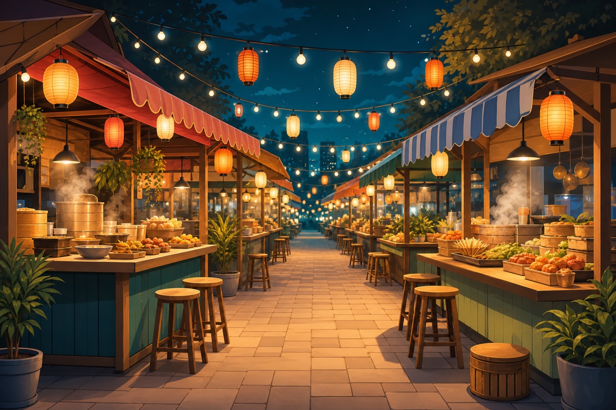 夜晚熱鬧夜市街景插畫,兩旁攤位掛著燈籠與串燈,暖色燈光。