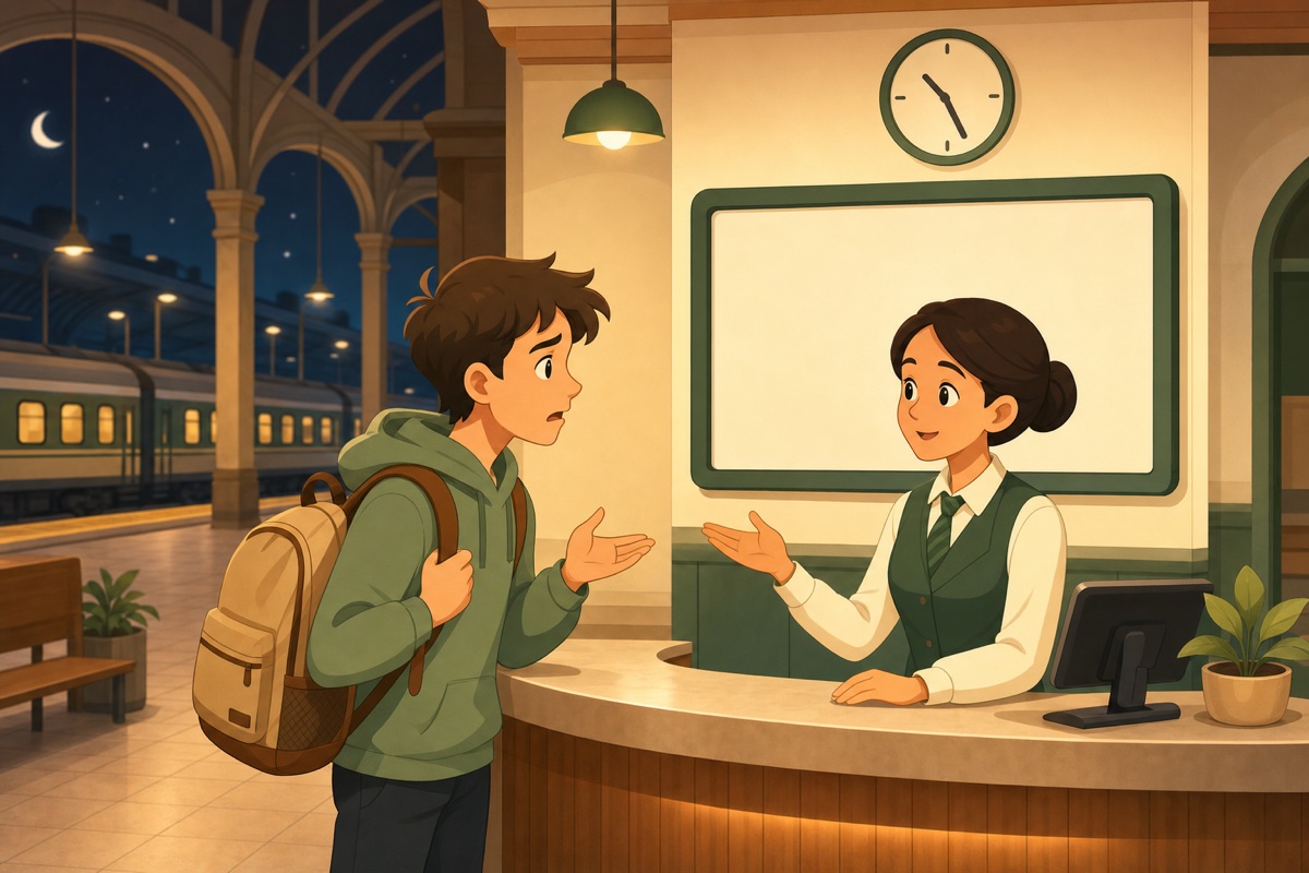 深夜車站服務台場景插畫:一位揹小背包、神情焦急的旅客向親切的站務員求助,後方有空白資訊看板與時鐘。