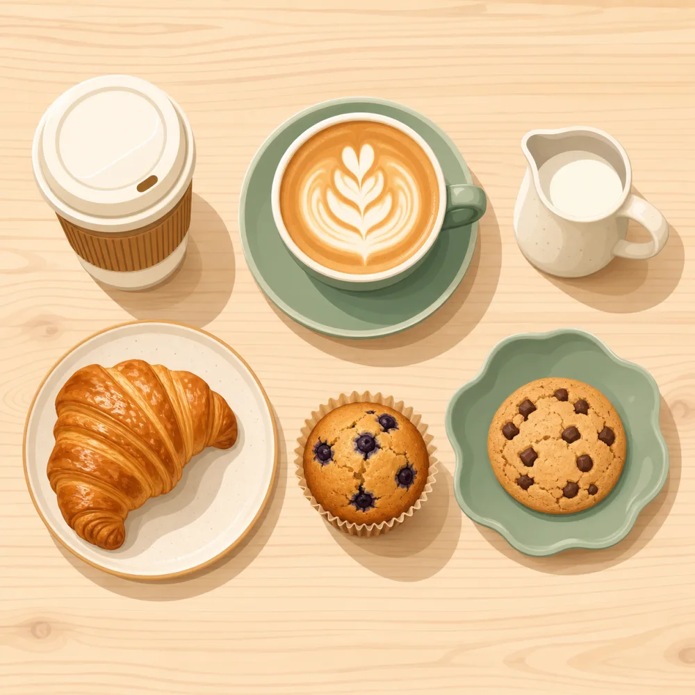 咖啡店常見品項插畫：外帶杯、拿鐵拉花、奶罐、可頌、藍莓馬芬與餅乾。